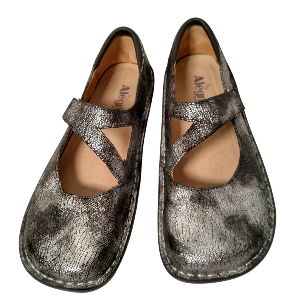 Alegria Mary Jane Shoes Women 41W US 10.5/11 Metallic Silver Strap Comfort